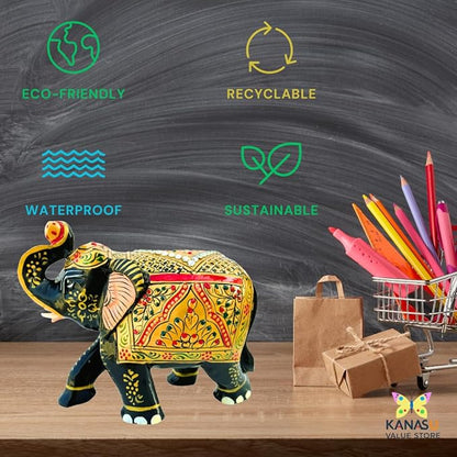 Handcrafted Wooden Elephant Figurine – Traditional Artwork, Gold & Gemstone Embellishments – Lucky Decorative Elephant Statue for Prosperity | Beautiful Elefantes Decorativos para Sala (Black & Gold)