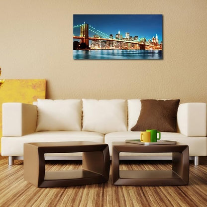 Pyradecor Large Modern New York Cityscape Canvas Wall Art Brooklyn Bridge Night View Canvas Prints Stretched Landscape Pictures Paintings Artwork for Living Room Home Decorations L