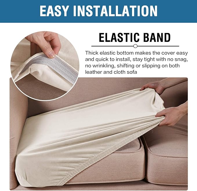 H.VERSAILTEX Velvet Stretch Couch Cushion Cover Plush Cushion Slipcover for Chair Loveseat Sofa Cushion Furniture Protector Seat Cushion Sofa Cover (3 Piece Sofa Cushion Covers, Ivory)