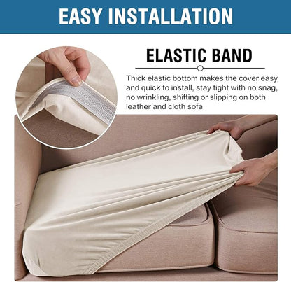 H.VERSAILTEX Velvet Stretch Couch Cushion Cover Plush Cushion Slipcover for Chair Loveseat Sofa Cushion Furniture Protector Seat Cushion Sofa Cover (3 Piece XL Sofa Cushion Covers, Ivory)