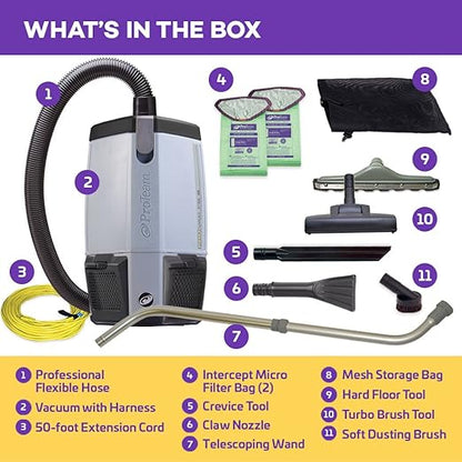 ProTeam Commercial Backpack Vacuum Cleaner, ProVac FS 6 Vacuum Backpack with HEPA Media Filtration and Residential Cleaning Service Kit, 6 Quart, Corded