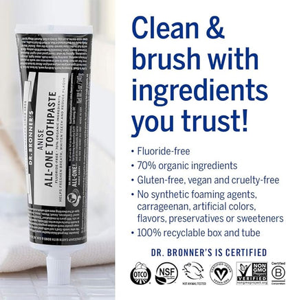 Dr. Bronner’s - All-One Toothpaste (Anise, 5 Ounce, 3-Pack) - 70% Organic Ingredients, Natural and Effective, Fluoride-Free, SLS-Free, Helps Freshen Breath, Reduce Plaque, Whiten Teeth, Vegan