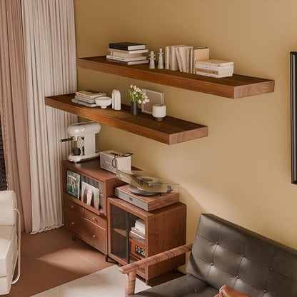 IAE Walnut Floating Wall Shelves 55 inch, Bathroom Shelves Wall Mounted,Invisible Shelves Floating Kitchen Shelves,Wooden Wall Shelves with Brackets for Living Room Wall Mounted,Easy Install,Set of 2