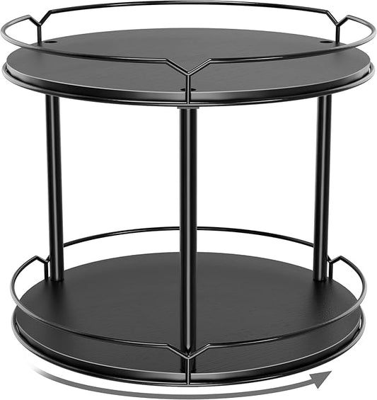 Lazy Susan Organizer 2 Tier - 12.4" Turntable Spice Rack for Table Top, Wooden Rotating Lazy Susan for Cabinet Pantry Kitchen Countertop Dining Table Cupboard Bathroom Vanity Storage(Black)