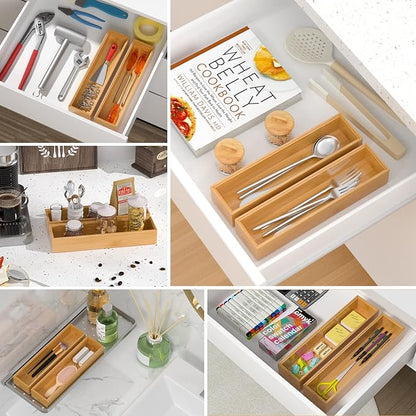 Silverware Tray for Drawer, Stackable Kitchen Bamboo Drawer Organizer 12" x 3" x 2" Set of 2