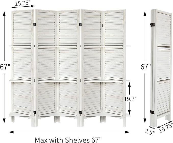 Room Divider with Shelves, Privacy Screen, Room Dividers and Folding Privacy Screens, 5 Panel Wood Temporary Wall Partition Separation Separator, White
