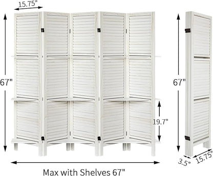 Room Divider with Shelves, Privacy Screen, Room Dividers and Folding Privacy Screens, 5 Panel Wood Temporary Wall Partition Separation Separator, White