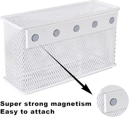 White Magnetic Basket, Magnetic Shelf Pencil Holder for Refrigerator, Wire Mesh Magnetic Bin, Magnetic Organizer Whiteboard Desktop Storage, 6.29"x2.28"x3.54"