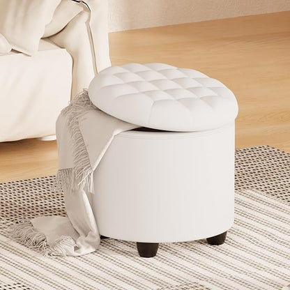 Furniliving Upholstered Button Tufted Round Ottoman, PU Storage Ottoman Round, Removable Lid Convenient Footstools, Classic Ottoman with Storage for Vanity, Nursery Room，IvoryWhite