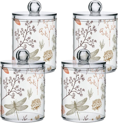 2 Pack Qtip Holder Organizer Dispenser Dragonfly Pattern Bathroom Storage Canister Cotton Ball Holder Container for Cotton Swabs/Pads/Floss
