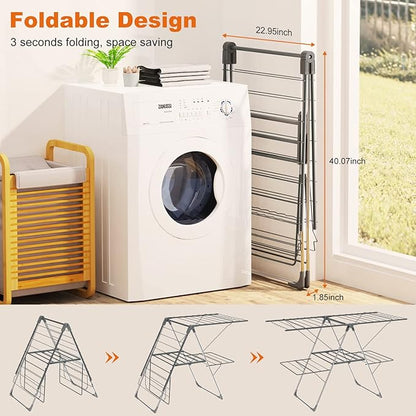 Bigzzia Clothes Drying Rack Foldable, 2-Level Large Laundry Drying Rack Collapsible, Stainless Steel Drying Rack Clothing for Indoor Outdoor, Easy to Fold, 33 Drying Rails, 142cm, Gray