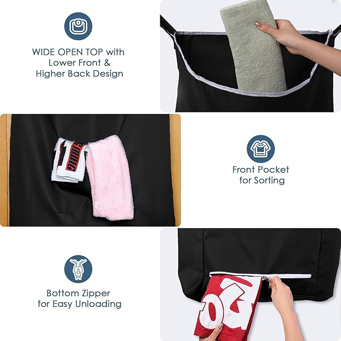 The Fine Living Co. X-Large Hanging Laundry Hamper with Over Door Hooks & Adhesive,Durable Space Saving Laundry Bag with Zipper and Wide Open Top,Hanging Dorm Laundry Hamper 20"x3.75"x31" (Black-XL)