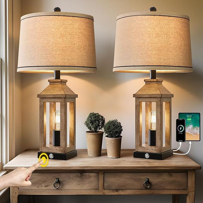 23.75" Farmhouse Dual USB Charging Ports 3-Way Dimmable Touch Control Table Lamp with Nightlight Vintage Modern Lamps for Living Room Bedroom