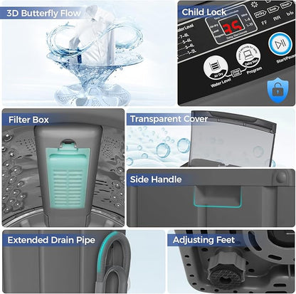 Nictemaw Portable Washing Machine, 20Lbs Capacity Full-Automatic Portable Washer Machine, 2.8Cu.ft Washer and Dryer Combo with with Drain Pump, 10 Programs 8 Water Levels for Apartment, Dorms, RV