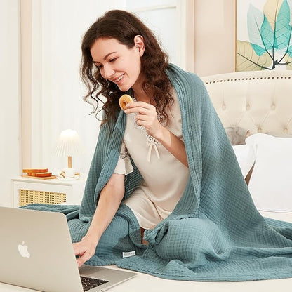 EMME Cotton Blanket Queen Size for Bed Soft Large Muslin Bed Blankets 90"x90" Lightweight Breathable Layering Bedspread All Season Gauze, Teal