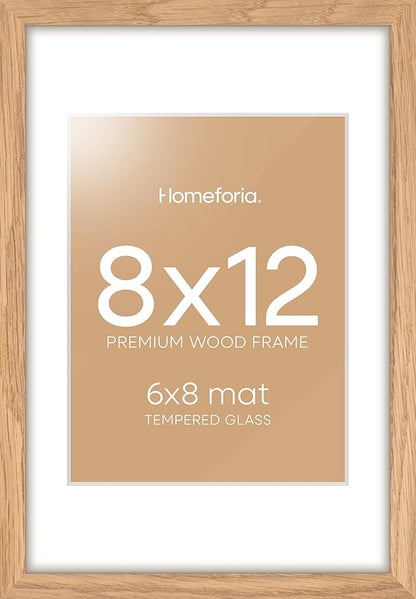 Homeforia 8x12 Picture Frame Wood, High End Natural Oak 8 x 12 Light Wooden Frames with Mat 6 by 8 inch Photo, 8by12 Frame Matted to 6x8 Art, Wall or Tabletop Frame, Tempered Glass, Wall Kit, Set of 1