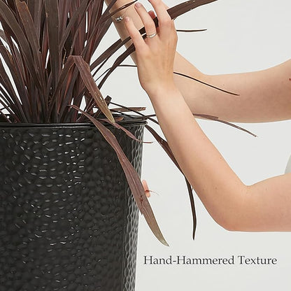 Worth Garden 2-Pack 25" H. Metal Planter with 2X Inside Pots - Hand-Hammered Texture Tall Tapered Plant Pots - Large Handcrafted Flower Pot for Indoor Outdoor, Deck, Patio, Front Porch (Black)