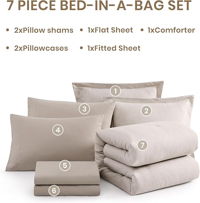 Monbix California King Comforter Set - 7 Pieces Cationic Dyeing Oatmeal Bed in a Bag Cal King Bed Sets with Comforter, Sheets, Pillowcases & Shams, Reversible Bedding Comforters Sets (108 * 92)