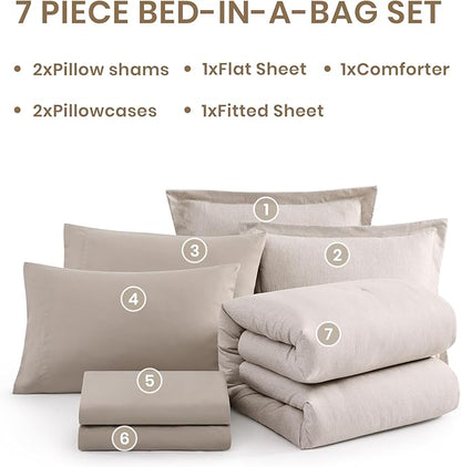 Monbix California King Comforter Set - 7 Pieces Cationic Dyeing Oatmeal Bed in a Bag Cal King Bed Sets with Comforter, Sheets, Pillowcases & Shams, Reversible Bedding Comforters Sets (108 * 92)