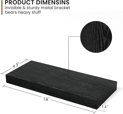 Fun Memories Deep Floating Shelves - 16" W x 9" D x 1.6" H Rustic Black Wall Shelf - Wall Mounted Shelves for Storage - Wooden Shelves with Invisible Brackets for Living Room, Farmhouse - Set of 2