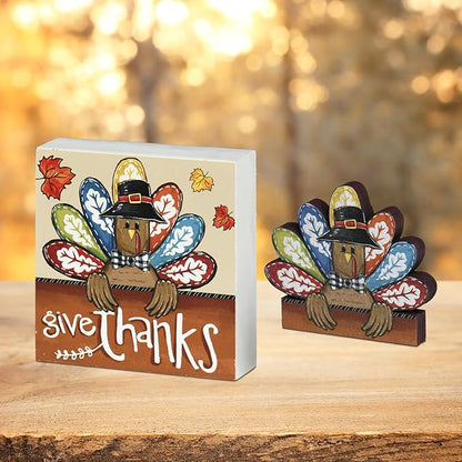 Smile Thanksgiving Wooden Decor Indoor, Turkey Decor Give Thanks Box Sign, Thanksgiving Table Tiered Tray Kitchen Decorations