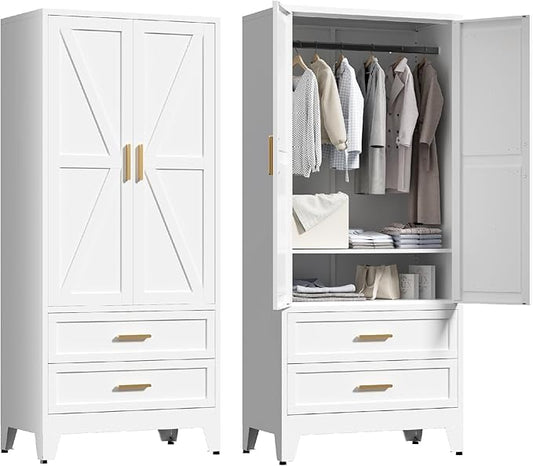 71'' Farmhouse Metal Wardrobe Cabinet with Hanging Rod, 2 Barn Door Wardrobe Closet with Adjustable Shelves,2 Drawer,for Dining Room,Bedroom,Living Room, Cloak Room,Office (White)