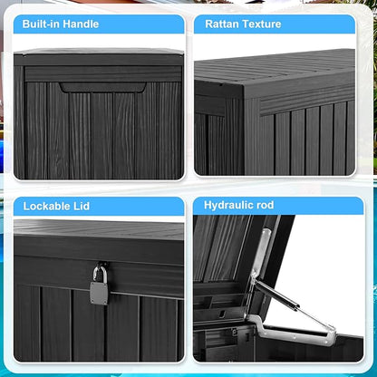 180 Gallon Outdoor Deck Box,Storage Lockable Waterproof Patio Furniture,Garden Tools,Cushions,Pool Accessories Outside Storage Resin Box(Black)