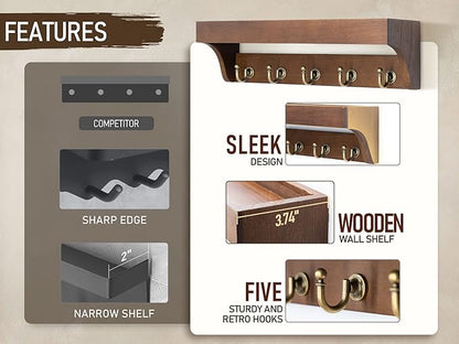 Rebee Vision Farmhouse Key Holder for Wall - Decorative Wooden Mail Organizer with 5 Rustic Key Hooks and Floating Shelf for Home Decor, Hallway, Entryway, Appartment (Retro Brown)