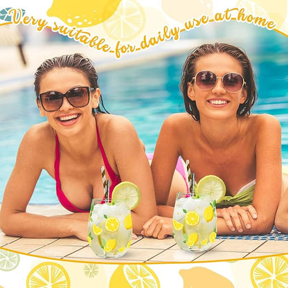 Sliner 2 Pack Lemon Stemless Wine Glasses 17oz Lemon Drinking Glasses Clear Stemless Wine Tumbler Unique Gift for Wedding, Mother's Day Birthday Drinking Party