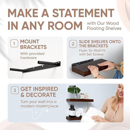 Homeforia Walnut Floating Bathroom Shelves, High End Solid Real Wood 16 inch Small Floating Shelf for Wall Mounted, Dark Brown 16inch Floating Shelves, Heavy Duty Bracket, 16 X 6.5 X 1.75 in, Set of 2