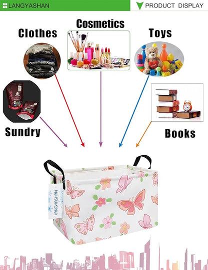 LANGYASHAN Rectangular Storage Bin Collapse Canvas Fabric Cartoon Storage Basket with Handles for Organizing Home Kitchen Boys and Girls Toys Office Closet Shelf Baskets (Rec Pink Butterfly)