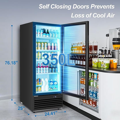 Tylza Commercial Refrigerator with Glass Door Display Beverage Fridge, 350L Upright Beverage Cooler Merchandiser with Rebound Door, Fast Cooling, Low Noise, Black