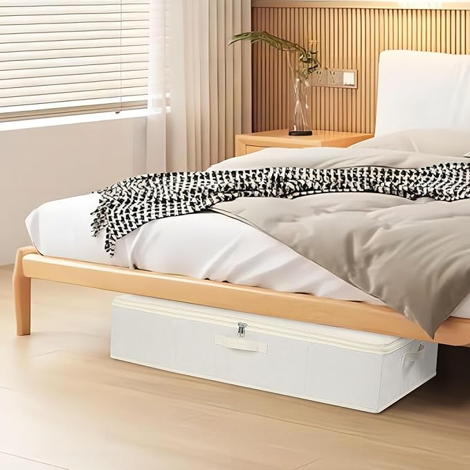 Underbed Storage Box, Clothes Organizer With Sturdy Structure and Reinforced Handles for Blanket, Sheets, Pillows, Towels, Shoes, Beige, 3 Pack, 31.5 x 15.7 x 5.9 Inch