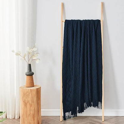 inhand Knitted Throw Blankets for Couch and Bed, Soft Cozy Knit Blanket with Tassel, Dark Blue Lightweight Decorative Blankets and Throws, Farmhouse Warm Woven Blanket for Men and Women, 50"x60"