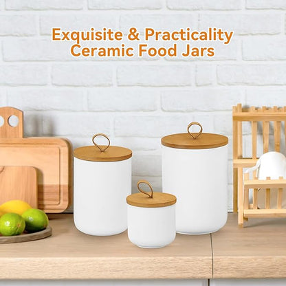 Canister Sets for Kitchen,Ceramic Kitchen Canisters for Countertop with Airtight Wood Lids for Serving Ground Coffee, Tea, Spice, Grains, Sugar, Salt (White Pack of 3 (8.7/27/44 Oz))