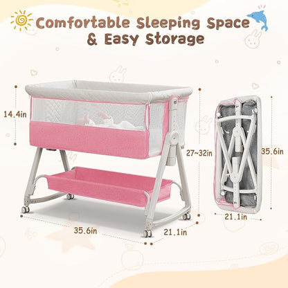 Baby Bassinet Bedside Sleeper for Baby,Bedside Bassinet with Wheels and Storage Basket, 6 Height Adjustable Bedside Crib(Upgrade Pink)
