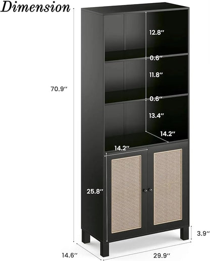 Tall Bookshelf, 5-Tier Book Shelf with 2 Rattan Doors, Freestanding Bookcase Display Shelves with Large Storage, Book Case for Living Room, Office, Study, Bedroom, 70.9 Inch