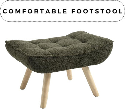 Modern Sherpa Accent Chair with Ottoman Set of 2, Fluffy Upholstered Lounge Chair with Footrest, Comfy Living Room Side Boucle Armchair for Small Space Bedroom, Green