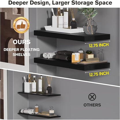 Floating Shelf, Set of 2 Wall Shelf, 30 in W x 12.75 in D x 2 in H Wooden Floating Wall Shelf with Invisible Brackets for Living Room/Bedroom/Bathroom/Kitchen Storage and Decor, Black
