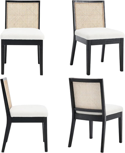 VESCASA Upholstered Dining Chairs with Square Rattan Back, Armless Padded Sherpa Fleece Cushion Dining Chairs with Wood Legs for Dining Room, Kitchen, Set of 4, Black Frame