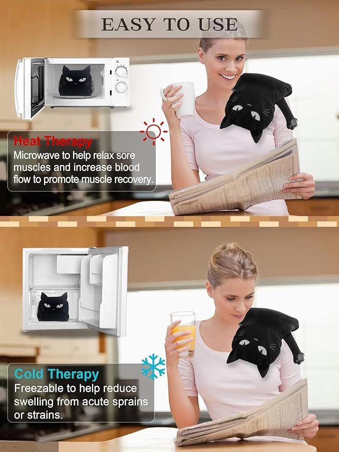 Microwave Heating Pad for Pain Relief, 17" x 9" Microwavable Heating Pads for Cramps, Back Pain, Neck Shoulder, Muscles, Knee, Joints, Natural Heat Pack Moist Heat, Black Cat