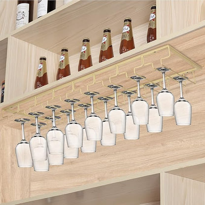 Xverycan Wine Glass Rack Under Cabinet, 8 Row Extreme Large Stemware Hanger, Metal Wine Goblet Holder, DIY Bar Glass Storage Rack for Bar Counter, Kitchen, Screws Included (Gold)
