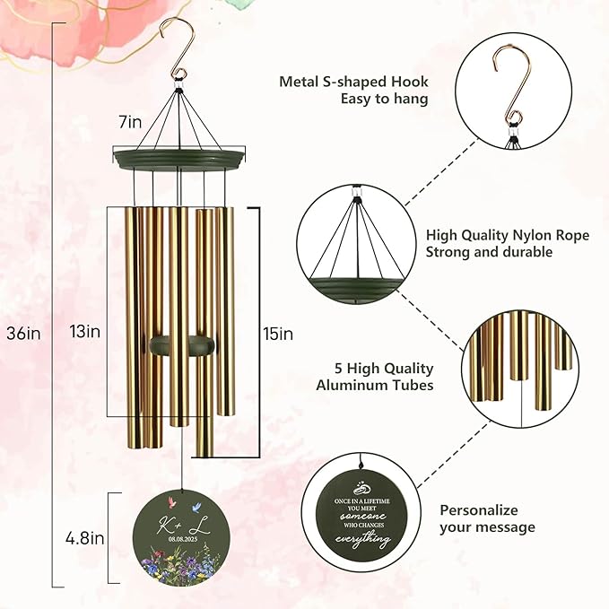 2025 Wedding Wind Chimes for Couple, Deep Tone Personalized Wind Chime, Wedding Gifts for Couples, Customized Windchime for Husband/Wife