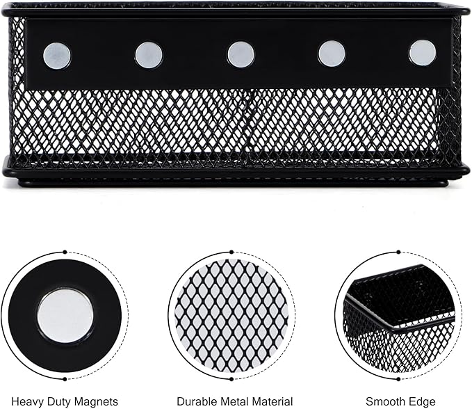 6.29'' × 2.28'' × 2.48 Black Magnetic Basket for Refrigerator Magnetic Pen Holder Locker Organizer for Home Office Accessories Magnetic Basket for Whiteboard，Set of 2