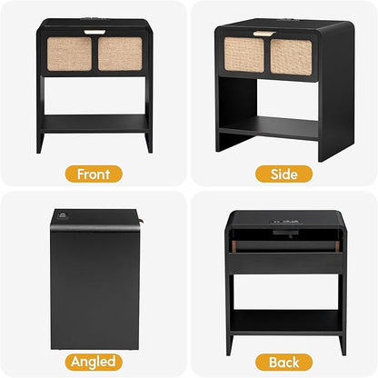 LEVNARY Nightstand Set of 2, Mid-Century Modern Bedside Table with Charging Station and Fabric-Like Textured Drawer, Wooden End Table for Farmhouse Bedroom Living Room (2, Black)