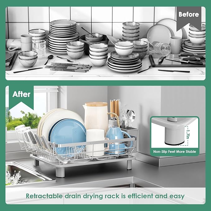 MOUKABAL Dish Drying Rack - Stainless Steel Dish Rack, Dish Racks for Kitchen Counter, Drying Rack Kitchen with Removable Utensil Holder, Drainboard and Glass Organizer (Grey)