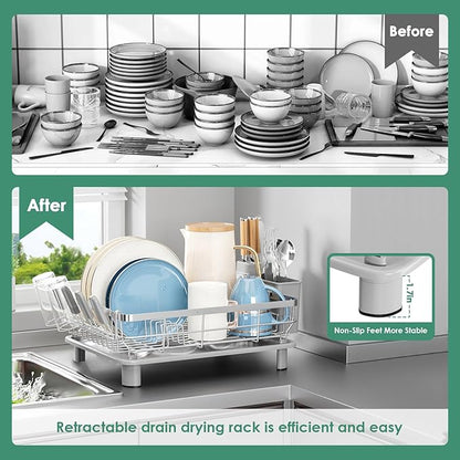 MOUKABAL Dish Drying Rack - Stainless Steel Dish Rack, Dish Racks for Kitchen Counter, Drying Rack Kitchen with Removable Utensil Holder, Drainboard and Glass Organizer (Grey)