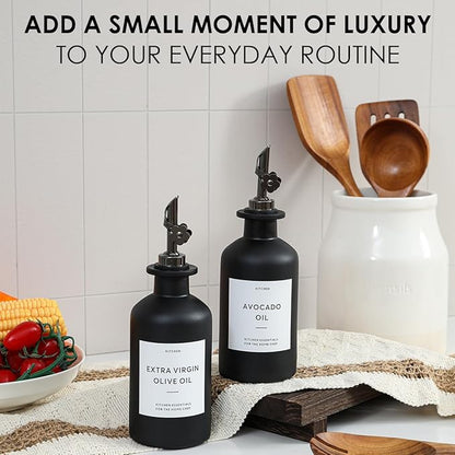 HOMCDALY Olive Oil Dispenser for Kitchen, 11.8oz Glass Kitchen Dispenser Bottle, Black Oil&Vinegar Cruet Set, Leakproof Olive Oil Bottles | Set of 2 (11.8oz – Black)