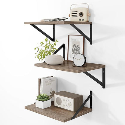 Heimlove Deep Floating Shelves for Wall, 12 Inch Deep Floating Shelves Set of 3, 16W x 12D Wood Wall Shelves, Wide Wood Shelves with Metal Bracket for Living Room, Kitchen, Office, Bedroom - Grey