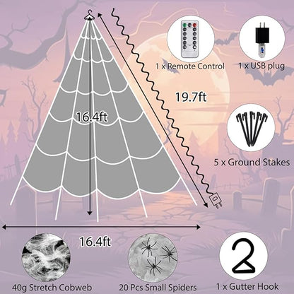 Halloween Spider Web Lights 550 LED Lighted Spider Web 16.4Ft Giant Halloween Decorations Light up with 8 Lighting Modes Waterproof & Timer for Indoor Outdoor House Haunted Yard Decor, Purple & Orange